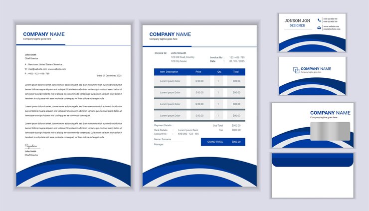 Diseño de identidad empresarial de papelería corporativa con factura de plantilla de membrete y tarjeta de visita