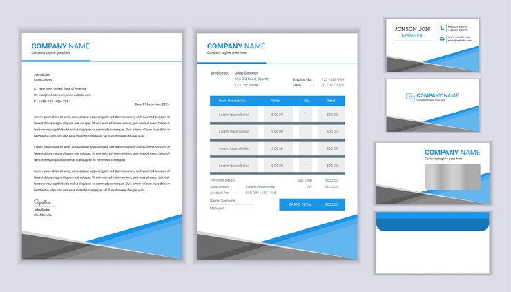 Diseño de identidad empresarial de papelería corporativa con factura de plantilla de membrete y tarjeta de visita