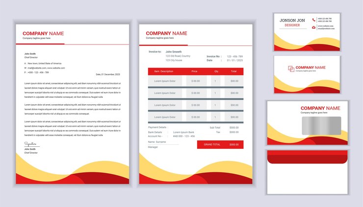 Diseño de identidad empresarial de papelería corporativa con factura de plantilla de membrete y tarjeta de visita