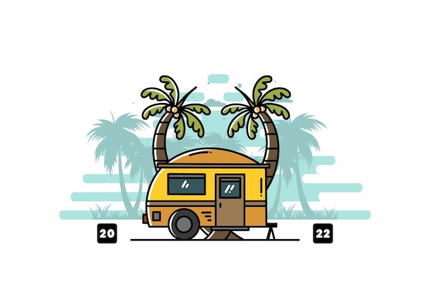 Diseño de ilustración de árbol de coco y caravana en forma de lágrima