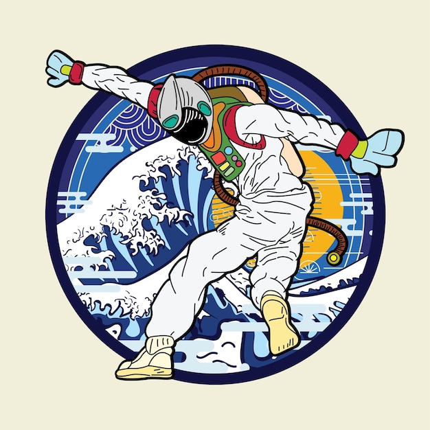 diseño de ilustración astronout con fondo de estilo japonés, logotipo, etiquetas