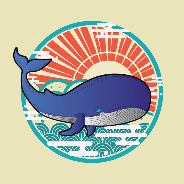 Diseño de ilustración de ballena con fondo de estilo retro japonés