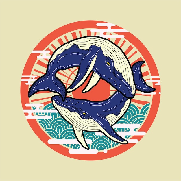 diseño de ilustración de ballena con fondo de estilo retro japonés