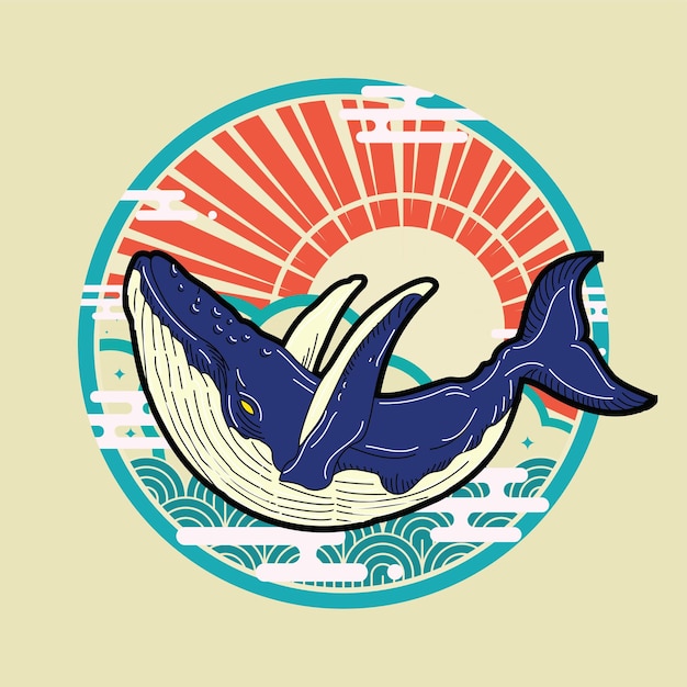 Vector diseño de ilustración de ballena con fondo de estilo retro japonés