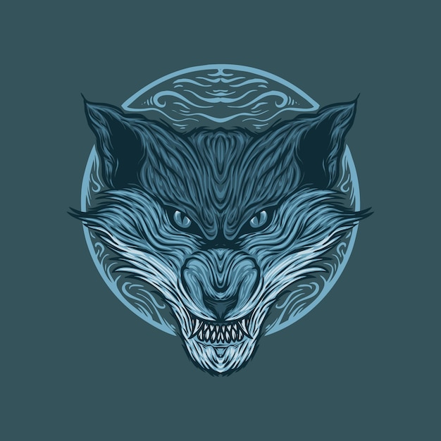 Vector diseño de ilustración de cabeza de lobo enojado azul