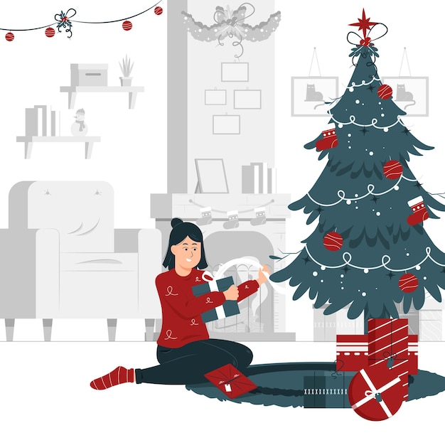 Diseño de ilustración del concepto de una niña abierta y sosteniendo el regalo de Navidad
