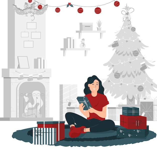 Diseño de ilustración del concepto de una niña abierta y sosteniendo el regalo de navidad