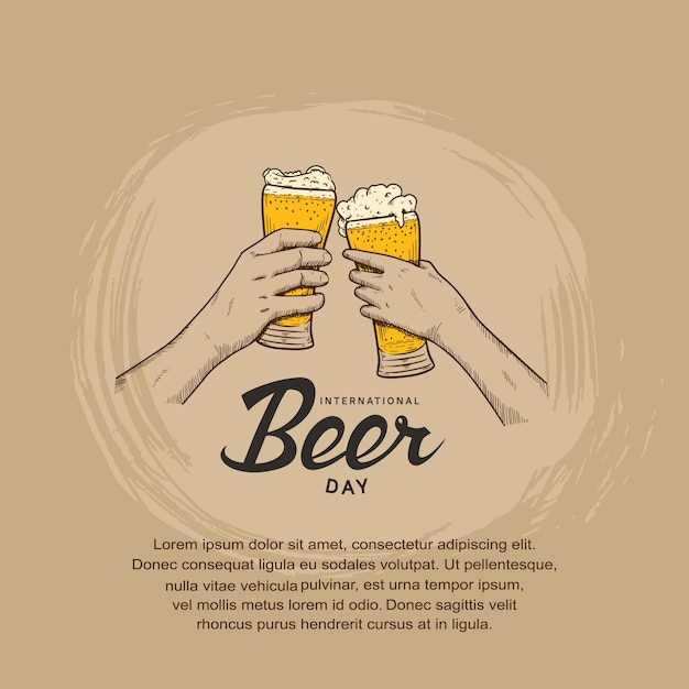 Diseño de ilustración del día internacional de la cerveza con mano sosteniendo un vaso de cerveza