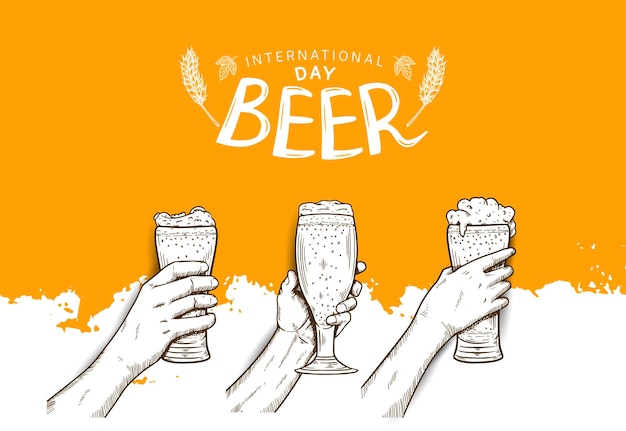 Vector diseño de ilustración del día internacional de la cerveza con mano sosteniendo un vaso y una jarra de cerveza