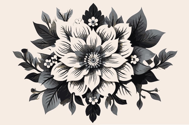 Diseño de ilustración y dibujo de tatuaje floral en blanco y negro.