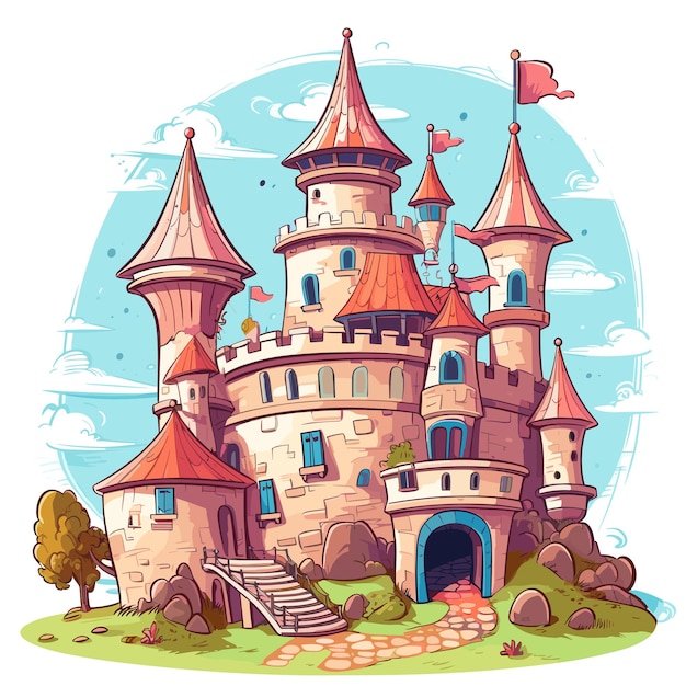 Diseño de ilustración de dibujos animados de castillo de cuento de hadas medieval