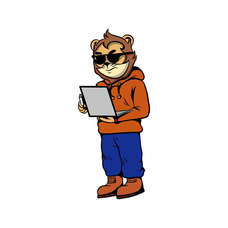 Vector diseño de ilustración de dibujos animados de león con computadora portátil y unidad flash como hacker