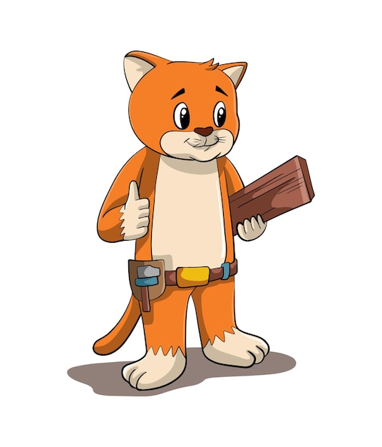 Lindo diseño de ilustración de dibujos animados de gato carpintero  sonriente que lleva madera y martillo