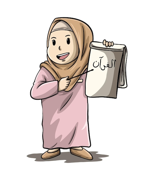 Diseño de ilustración de dibujos animados de una niña enseñando el corán en la mezquita