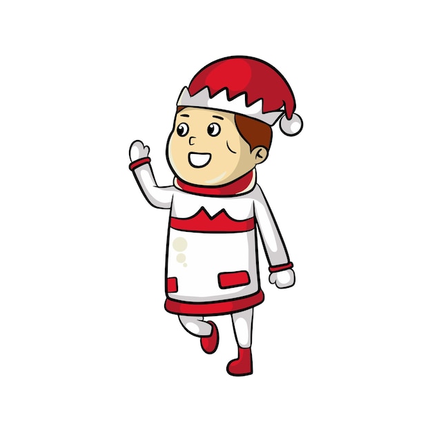 Diseño de ilustración de dibujos animados de niño lindo feliz celebrando la navidad con ropa y sombrero de santa claus