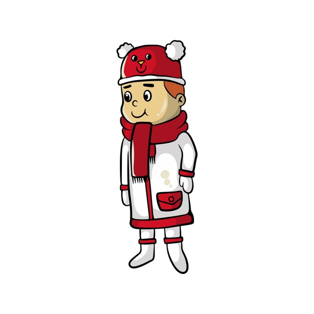 Diseño de ilustración de dibujos animados de niño lindo feliz celebrando la Navidad con ropa y sombrero de Santa Claus