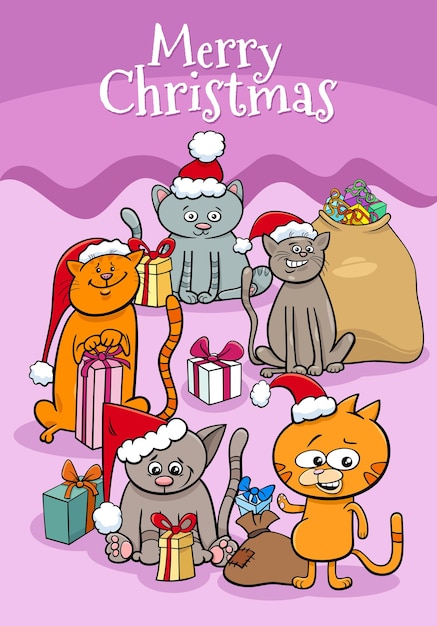 Diseño de ilustración de dibujos animados o tarjeta de felicitación con personajes de gatitos en Navidad