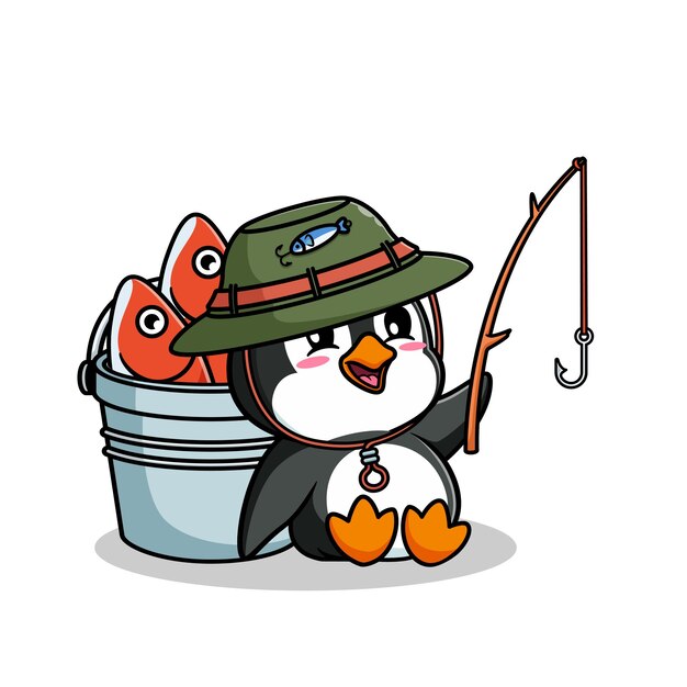 diseño de ilustración de dibujos animados de un pingüino lindo y Kawai pescando con un cubo lleno de peces