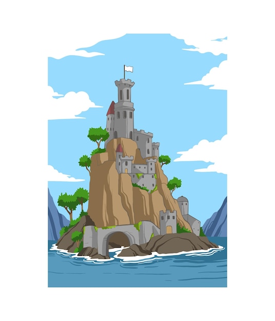 diseño de ilustración de dibujos animados de un reino en medio del mar en un cuento de hadas