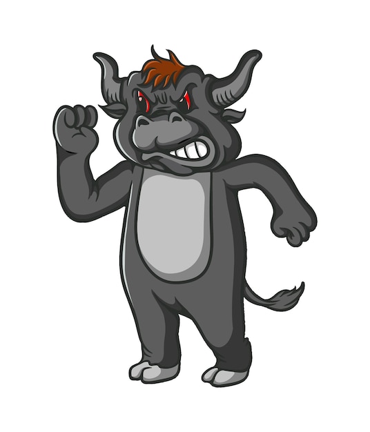 diseño de ilustración de dibujos animados de toro enojado con ojos rojos