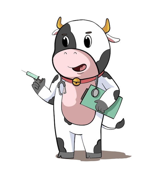 Vector diseño de ilustración de dibujos animados de una vaca lechera bebé sosteniendo una inyección llevando un libro como médico