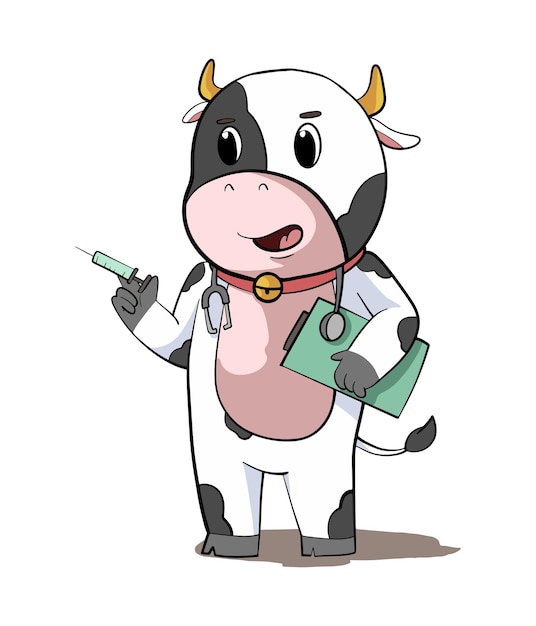 diseño de ilustración de dibujos animados de una vaca lechera bebé sosteniendo una inyección llevando un libro como médico