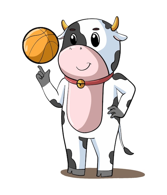 Vector diseño de ilustración de dibujos animados de vacas lecheras bebés jugando al baloncesto