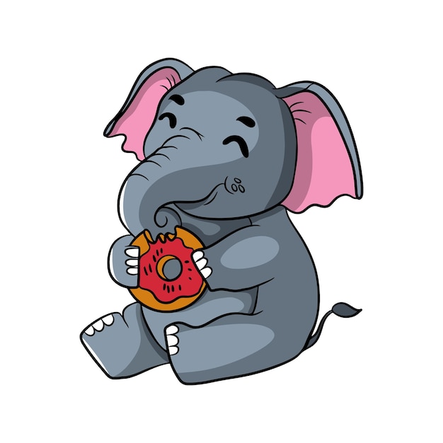 Diseño de ilustración de elefante lindo de dibujos animados sentado comiendo donas