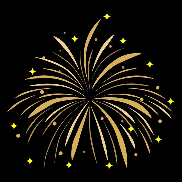 diseño de ilustración de fuegos artificiales vectoriales de celebración en fondo dorado y negro