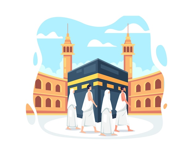 Diseño de ilustración de hajj y umrah. musulmanes que hacen peregrinaje islámico del hajj, personas en peregrinación del hajj que llevan ihram. eid al adha mubarak con carácter de personas. ilustración de vector de estilo plano