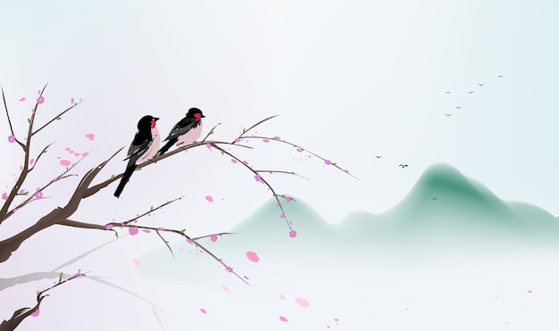 Diseño de ilustración horizontal de estilo chino un pájaro negro de pie en un melocotón