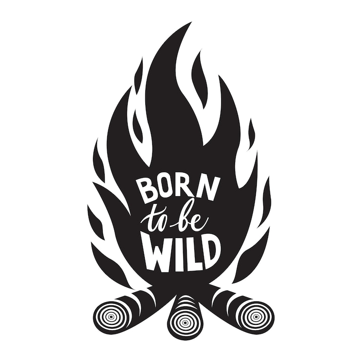Vector diseño de ilustración de la insignia de aventura de acampada logotipo al aire libre con fogata y cita nacido para ser salvaje