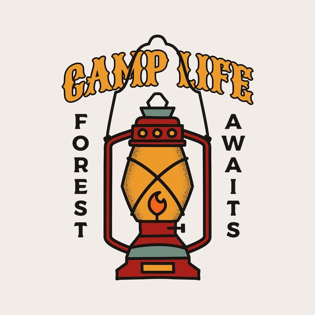 Diseño de ilustración de insignia de camping. Logotipo al aire libre con linterna de campamento y cita: la vida del campamento, el bosque aguarda.