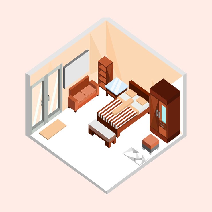 Diseño de ilustración interior casa isométrica marrón natural
