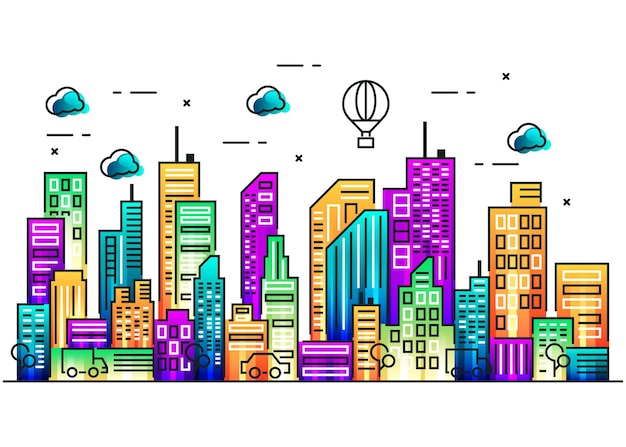 Diseño de ilustración de línea de ciudad de construcción con fondo de colores