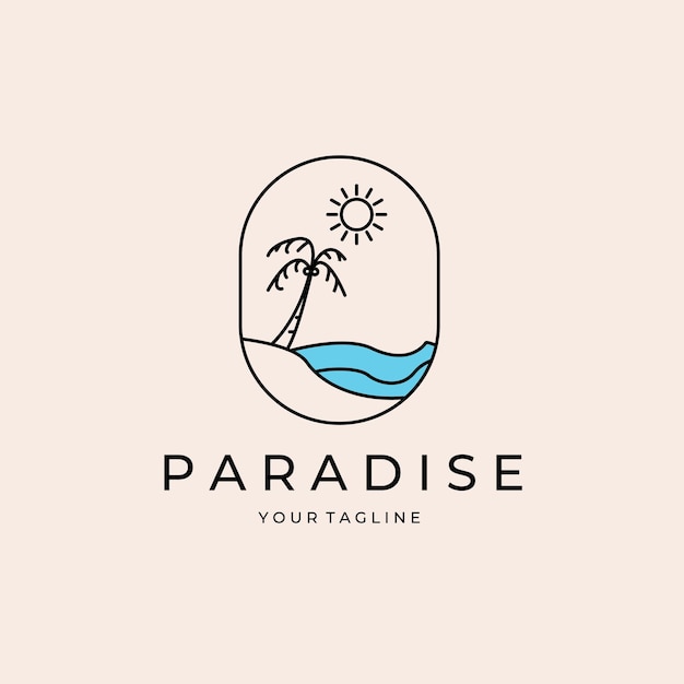 Diseño de ilustración de logotipo de emblema de arte de línea de paradise beach