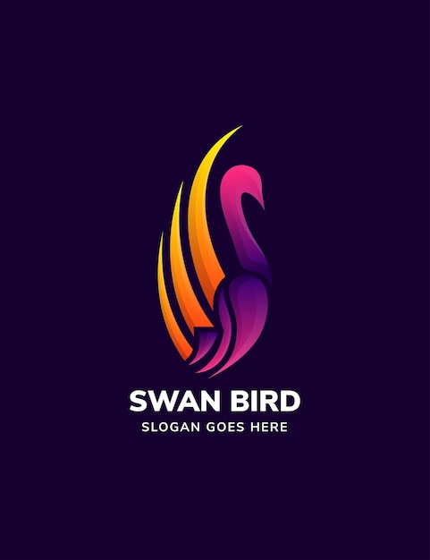 Diseño de ilustración de logotipo de gradiente colorido de pájaro cisne en fondo púrpura oscuro