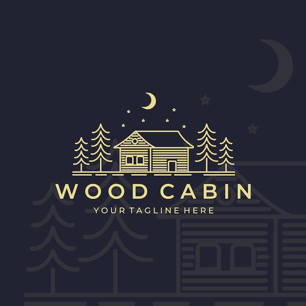 Diseño de ilustración de logotipo de vector simple minimalista de arte de línea de cabaña o cabaña de madera