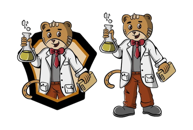 Diseño de ilustración de mascota de dibujos animados de tigre científico