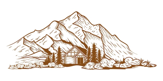 Diseño de ilustración de montañas concepto de montaña y sol en ilustración de arte lineal para aventuras de viaje