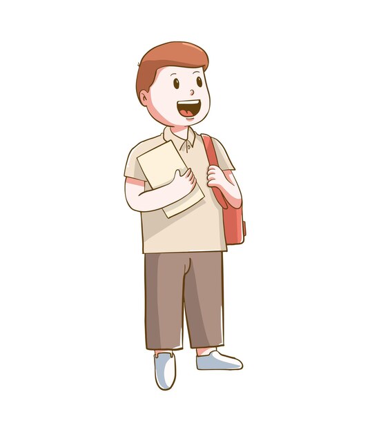 diseño de ilustración de un niño sonriente que lleva una bolsa y libros escolares listos para la escuela