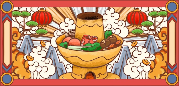 Diseño de ilustración de olla caliente de cultura de catering chino de dibujos animados dibujados a mano