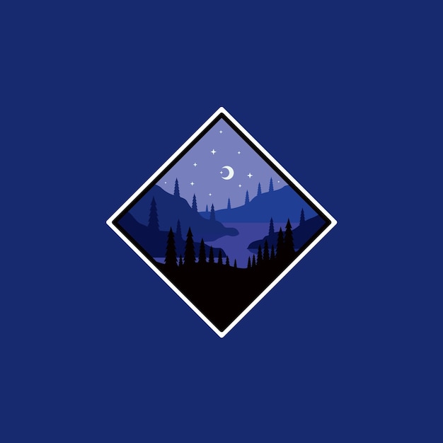 Diseño de ilustración plana de insignia de logotipo de vista nocturna de mountain creek, river, lake