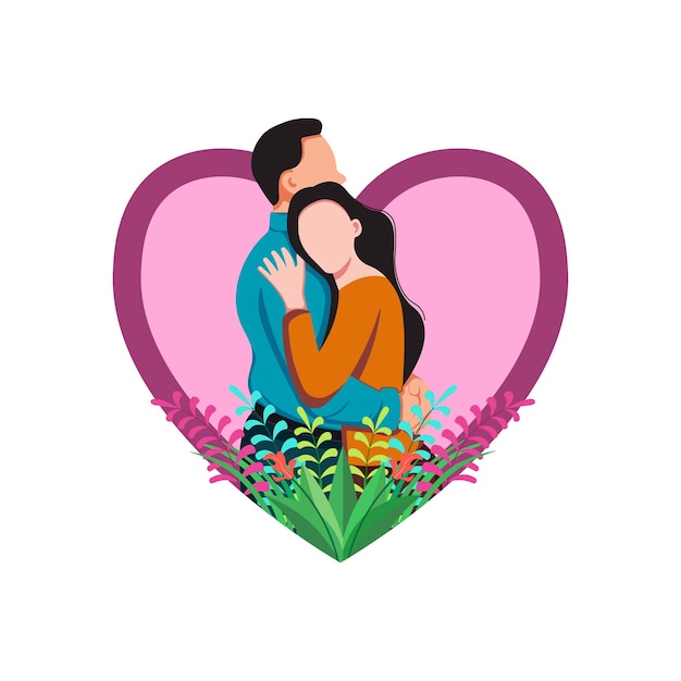 Diseño de ilustración plana de una pareja enamorada abrazándose con un fondo de forma de amor