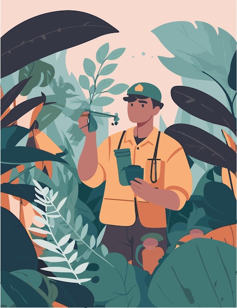 Diseño de ilustración plana vectorial de botánicos que trabajan en el bosque