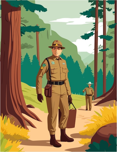 Diseño de ilustración plana vectorial del trabajo de los guardaparques en el parque nacional