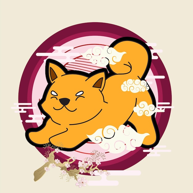 diseño de ilustración de shiba inu con fondo y logotipo de estilo japonés