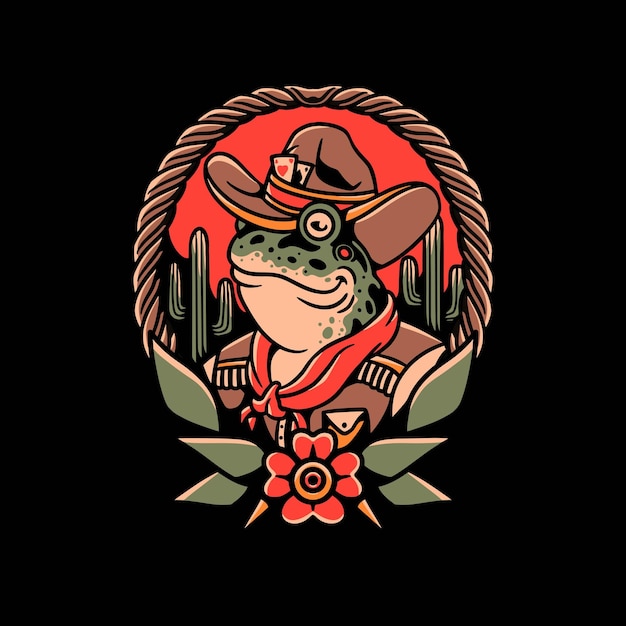 diseño de ilustración de tatuaje de rana vaquero
