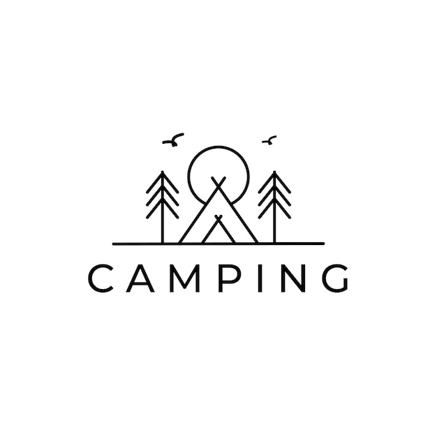 Diseño de ilustración de vector de arte de línea de logotipo de aventura al aire libre y camping