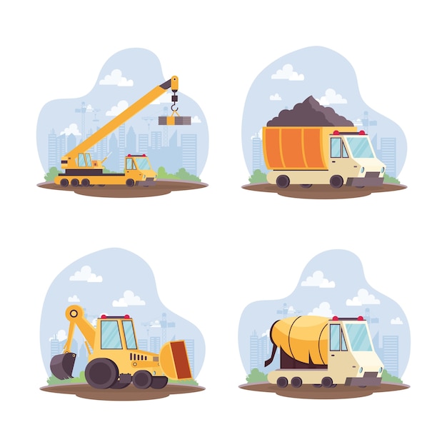 Diseño de ilustración de vector de colección de equipo de vehículos de construcción